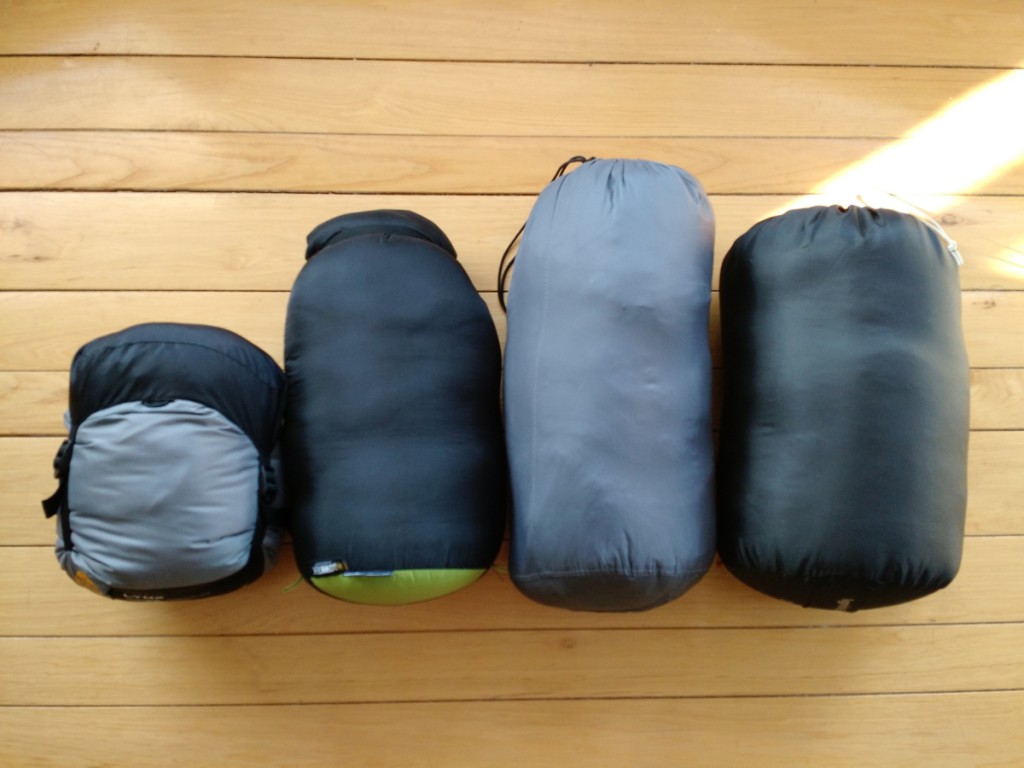 From left to right: North Face Lynx, 30 degree down bag, 20 degree synthetic, 0 degree down bag
