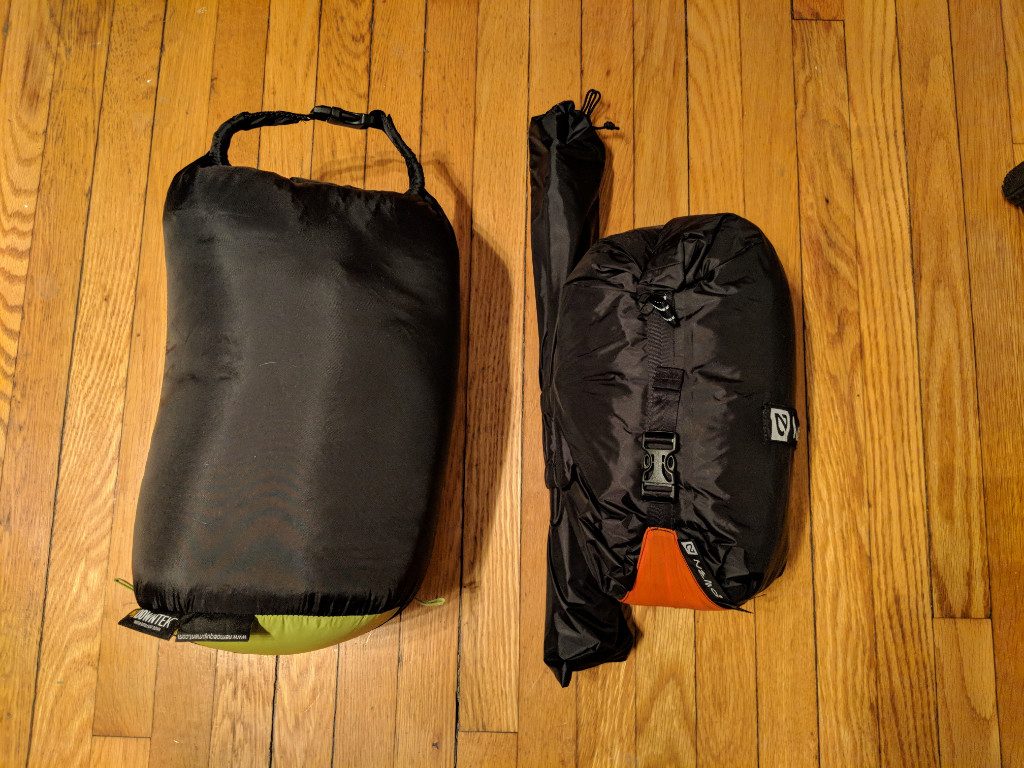 20 degree down sleeping bag (left), Nemo Kunai 2P tent (right)
